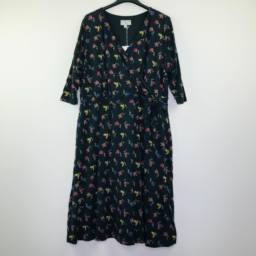 Ryllace Women's 2X Dress Black Floral Fall Belted Midi Faux Wrap Half Sleeve NWT